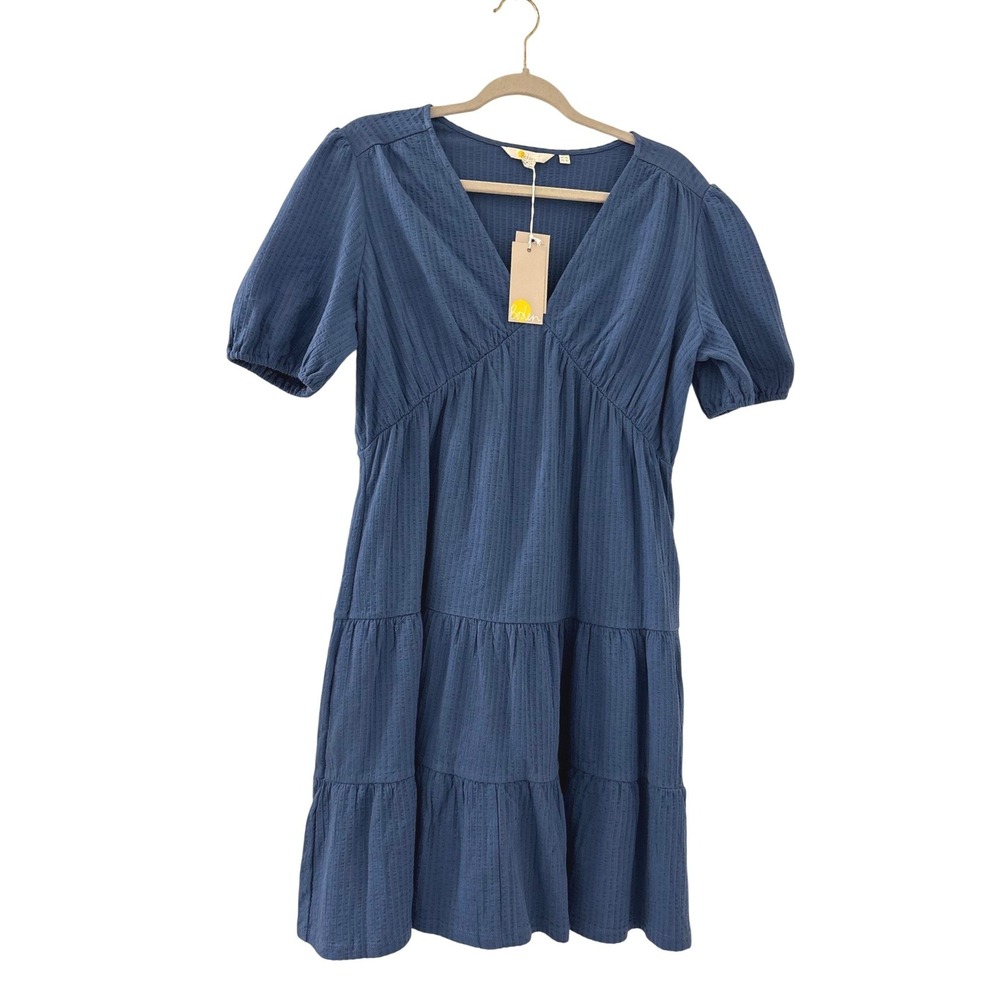 New Boden Navy Blue Jersey Seersucker Tiered Short Sleeve Mini Dress Size 8L